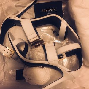 White Versace open toe high heels